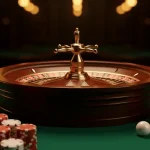 A roulette table with stacks of poker chips and a single ball, set against a dimly lit casino background.