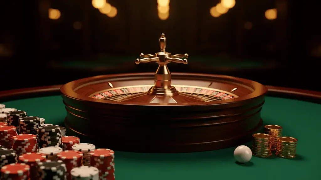 A roulette table with stacks of poker chips and a single ball, set against a dimly lit casino background.